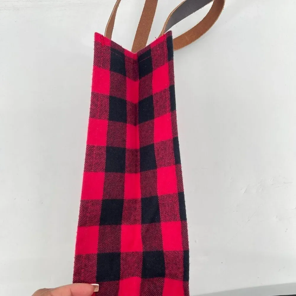 Farmhouse Buffalo Check Flannel Wine Bottle Gift Tote Faux Leather Handle